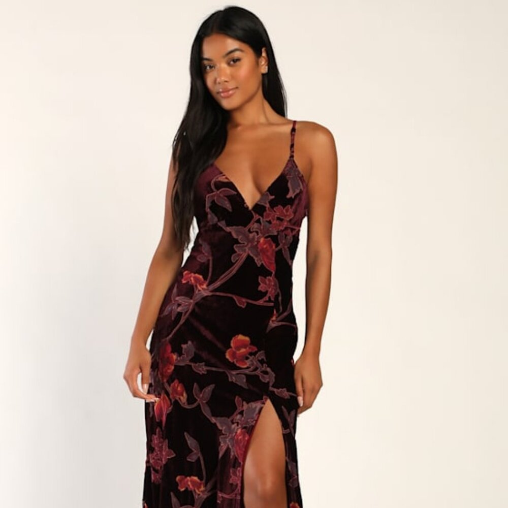 Lulus Divine Allure Burgundy Floral Burnout Velvet Midi Dress Red - Size XL